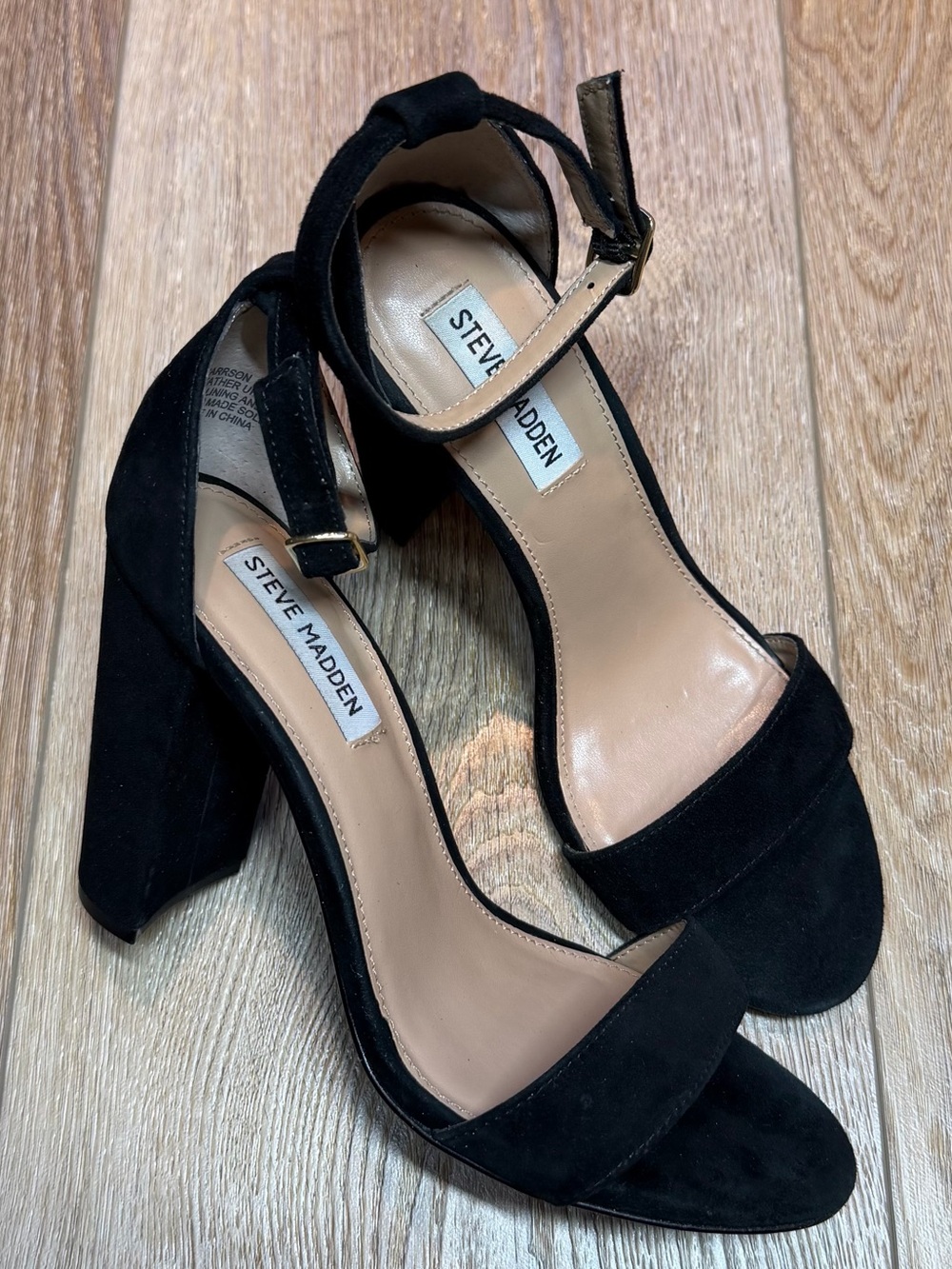 Steve Madden Carrson Black Suede Block Heel Sandal Open Toe Ankle Strap 8.5M